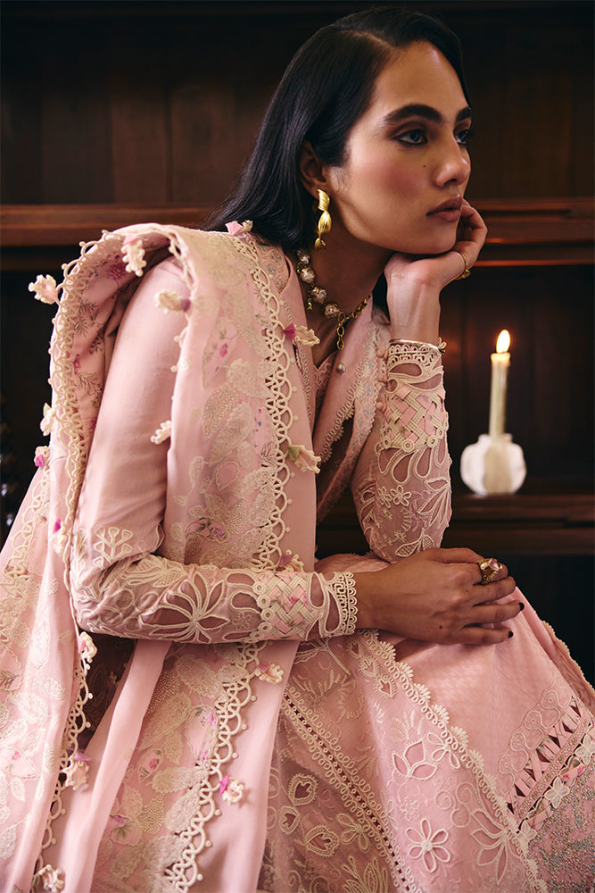 Women Wearing MAHAE Tea Pink Long Shirt with Culottes for Festive Events - Pakistani Designer Wear for Women in UK | Kifat