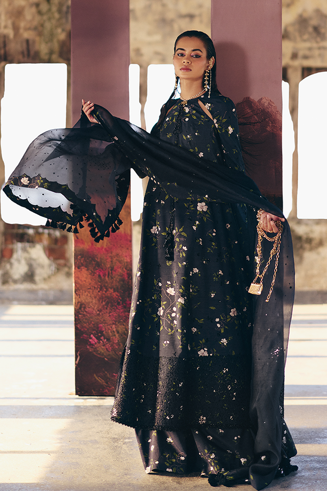 Model Wearing Suffuse by Sana Yasir ZEYARA Raven Black A-line printed shirt with azaar pants for Formal Events- Pakistani Designer wear for Women in UK | Kifat