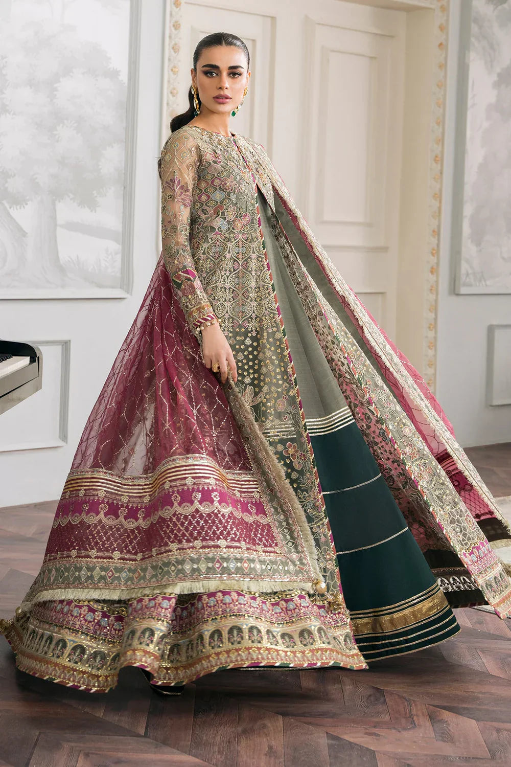 Baroque CH12-02 Sage Green Frock,Gown for Wedding Wear - Pakistani Designer Wear for Women in UK | Kifat