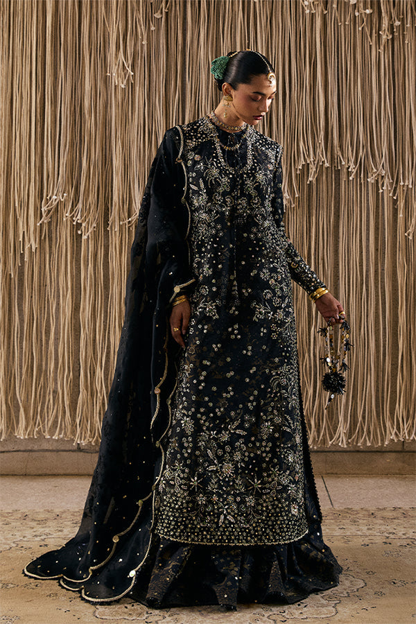 Model Wearing Suffuse by Sana Yasir Kiaray Coal black Long Shirt with gharara pants for Wedding Wear - Pakistani Designer wear for Women in UK | Kifat