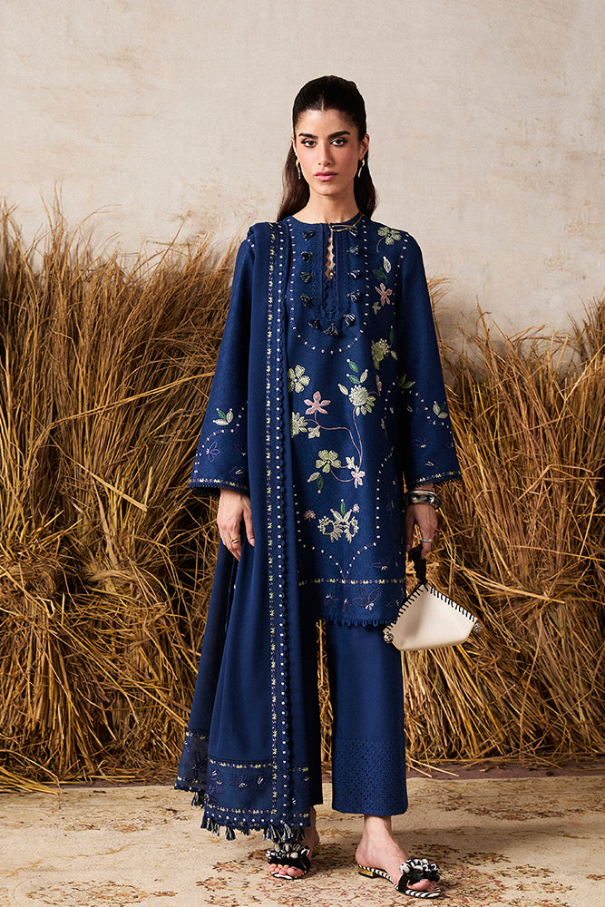 Model Wearing Suffuse by Sana Yasir LAZEH Royal Blue Short Shirt with culottes for Casual Dress- Pakistani Designer wear for Women in UK | Kifat