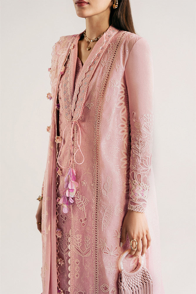 Women Wearing MAHAE Tea Pink Long Shirt with Culottes for Festive Events - Pakistani Designer Wear for Women in UK | Kifat
