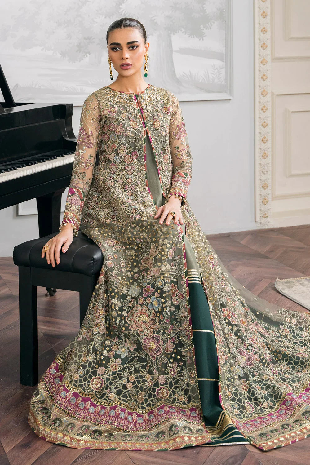 Baroque CH12-02 Sage Green Frock,Gown for Wedding Wear - Pakistani Designer Wear for Women in UK | Kifat
