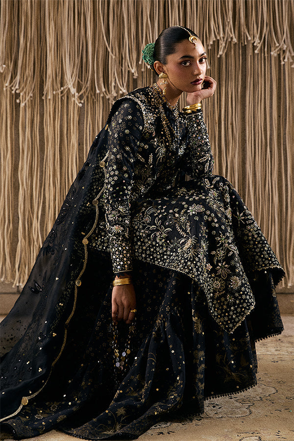 Model Wearing Suffuse by Sana Yasir Kiaray Coal black Long Shirt with gharara pants for Wedding Wear - Pakistani Designer wear for Women in UK | Kifat