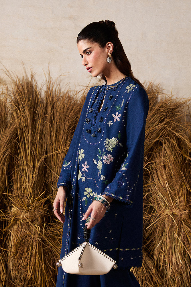 Model Wearing Suffuse by Sana Yasir LAZEH Royal Blue Short Shirt with culottes for Casual Dress- Pakistani Designer wear for Women in UK | Kifat