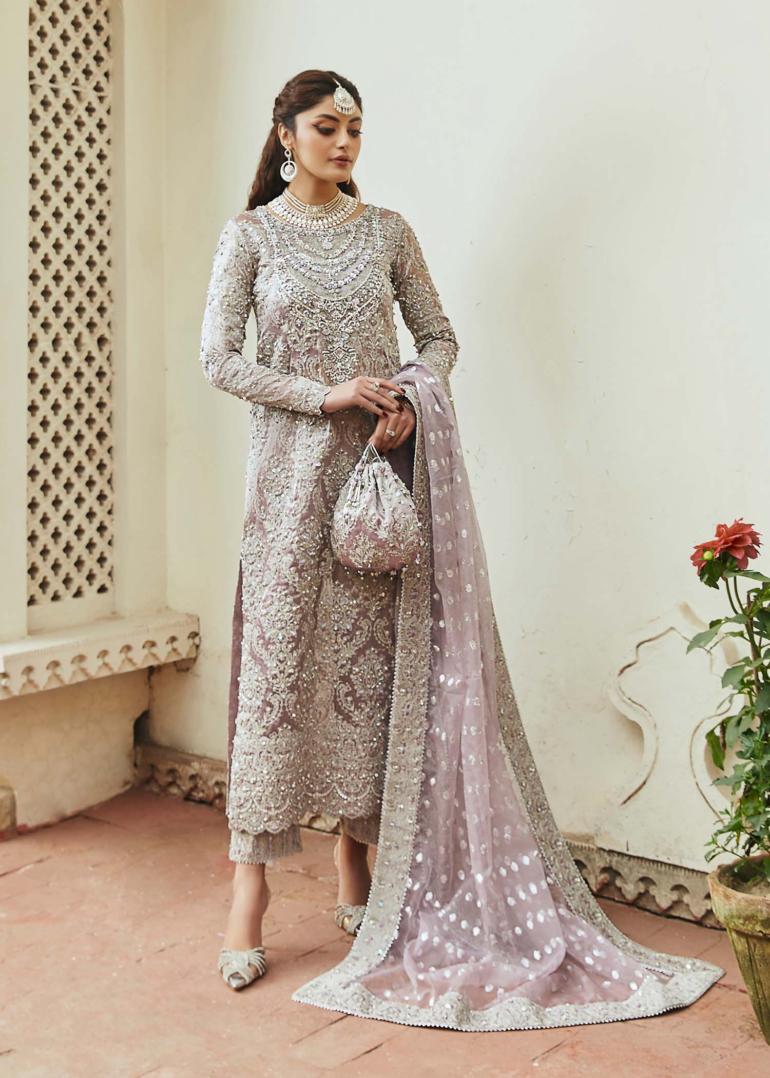 Kanwal Malik Lilac Silver Shirt with culottes pants for Luxury Wedding wear - Pakistani Designer Wear for Women in UK | Kifat