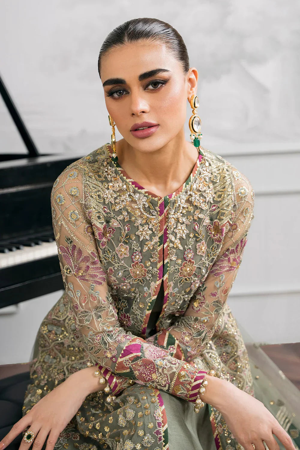 Baroque CH12-02 Sage Green Frock,Gown for Wedding Wear - Pakistani Designer Wear for Women in UK | Kifat