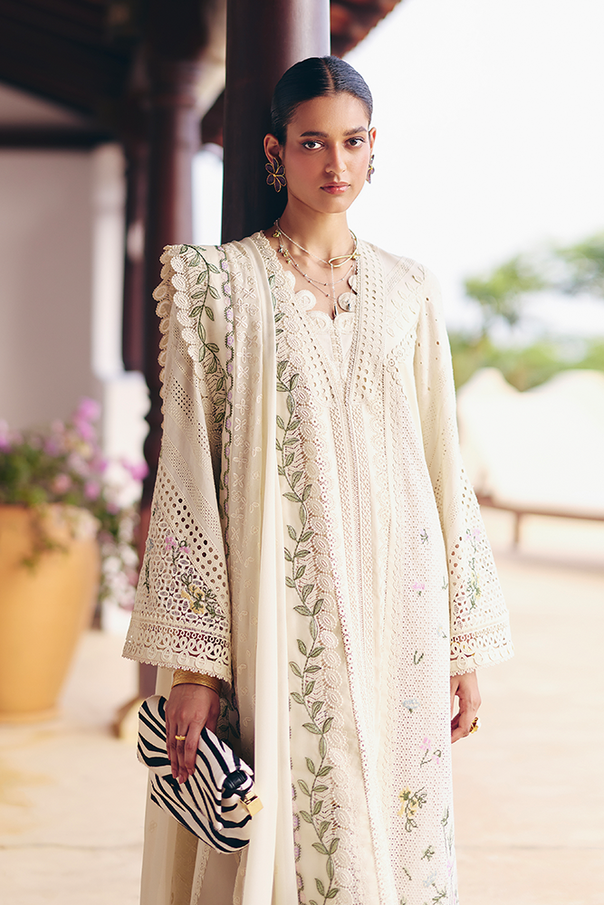 Model Wearing Suffuse by Sana Yasir AFRA Ivory front-open shirt with straight-cut pants for Casual Dress- Pakistani Designer wear for Women in UK | Kifat