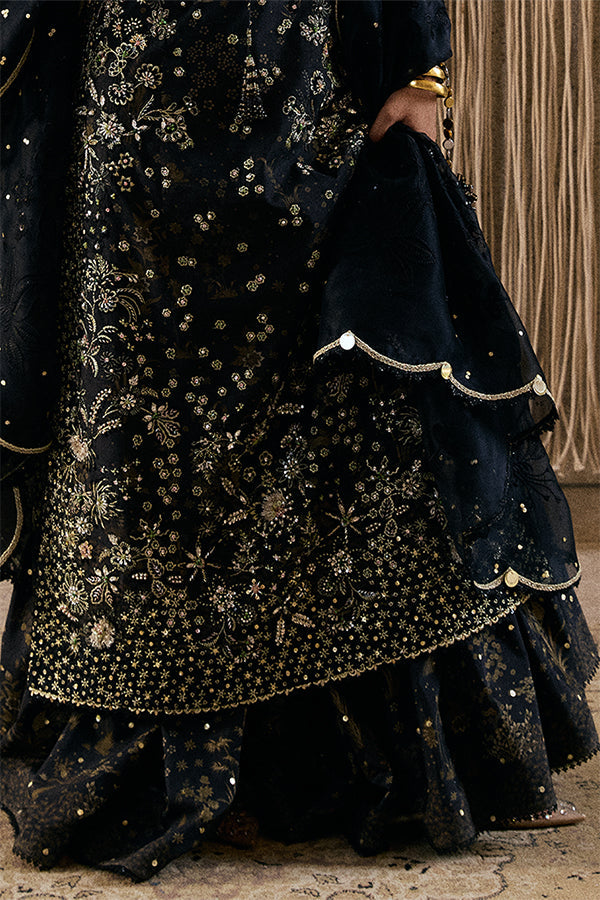 Model Wearing Suffuse by Sana Yasir Kiaray Coal black Long Shirt with gharara pants for Wedding Wear - Pakistani Designer wear for Women in UK | Kifat