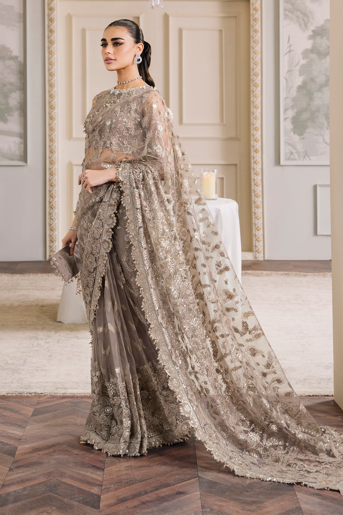 Baroque CH12-06 Beige Slit Maxi,Saree for Formal Events - Pakistani Designer Wear for Women in UK | Kifat