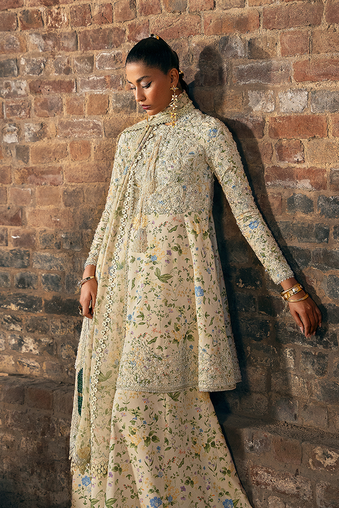 Model Wearing Suffuse by Sana Yasir CARMILLA Ivory peplum with sharara for Formal Events- Pakistani Designer wear for Women in UK | Kifat
