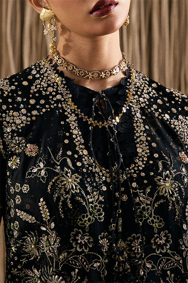 Model Wearing Suffuse by Sana Yasir Kiaray Coal black Long Shirt with gharara pants for Wedding Wear - Pakistani Designer wear for Women in UK | Kifat