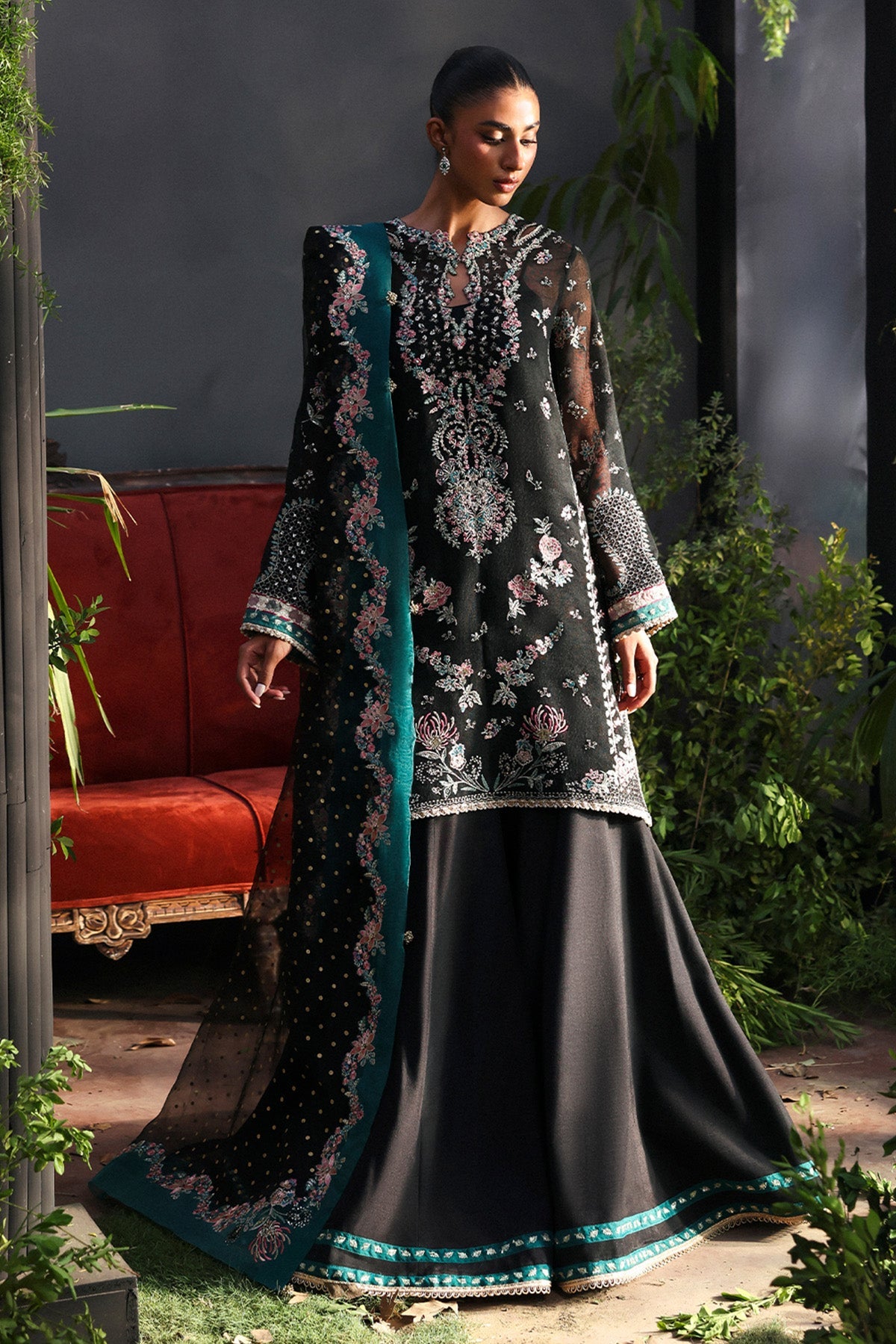 Women Wearing Larosea Black Shirt With Sharara  For Festive Events - Pakistani Designer Wear For Women In Uk | Kifat