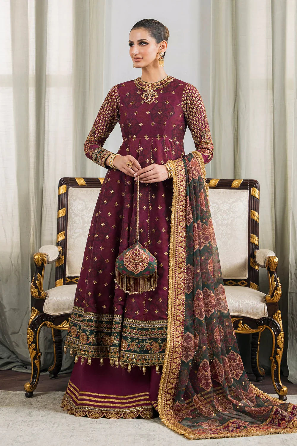 Baroque CH12-03 Maroon Frock,Lehnga Choli for Bridal Wear - Pakistani Designer Wear for Women in UK | Kifat