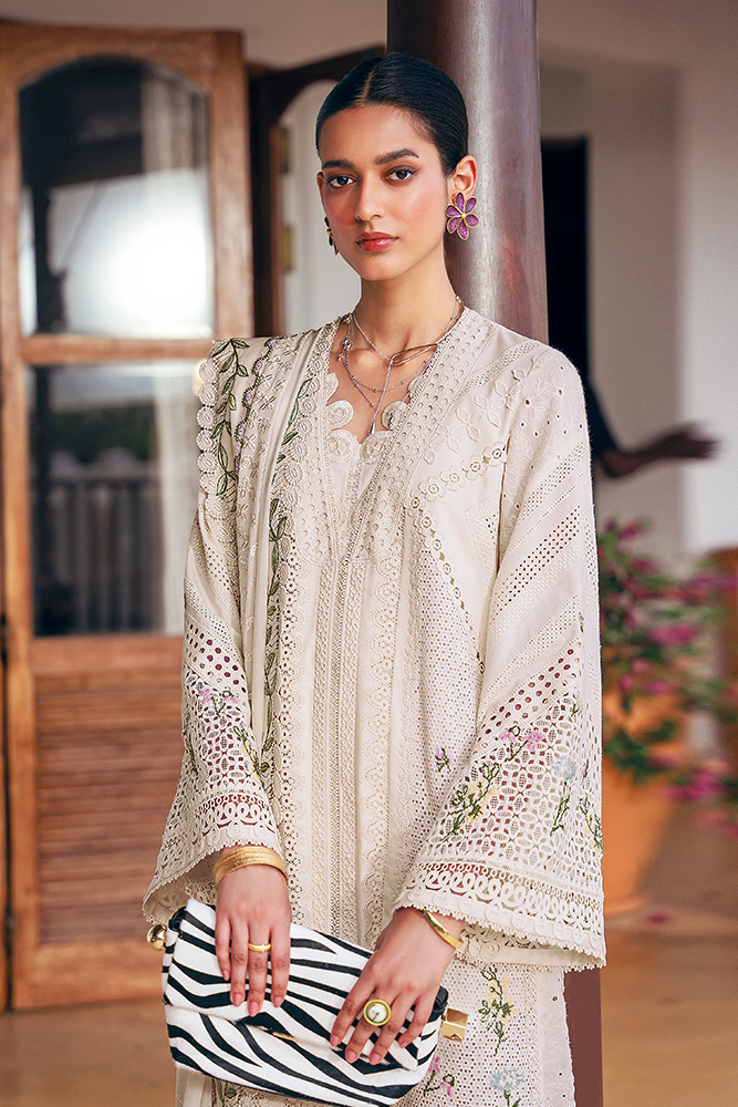 Model Wearing Suffuse by Sana Yasir AFRA Ivory front-open shirt with straight-cut pants for Casual Dress- Pakistani Designer wear for Women in UK | Kifat