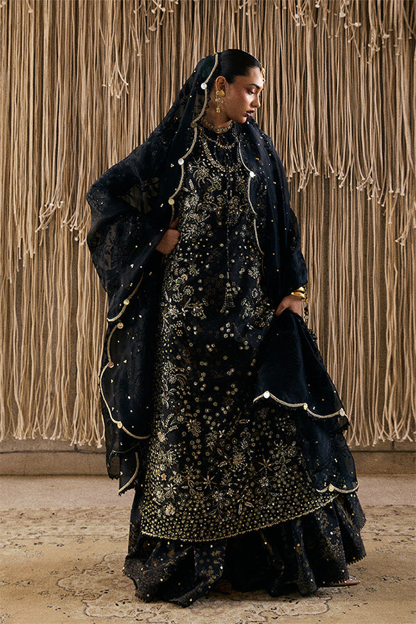Model Wearing Suffuse by Sana Yasir Kiaray Coal black Long Shirt with gharara pants for Wedding Wear - Pakistani Designer wear for Women in UK | Kifat