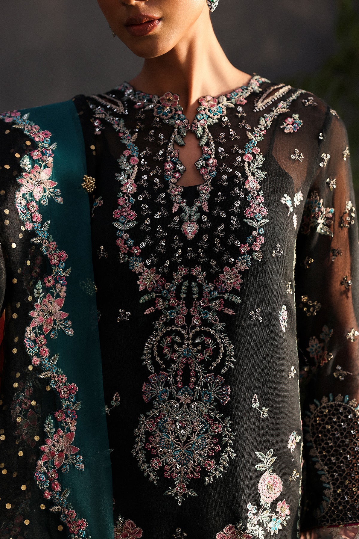 Women Wearing Larosea Black Shirt With Sharara  For Festive Events - Pakistani Designer Wear For Women In Uk | Kifat