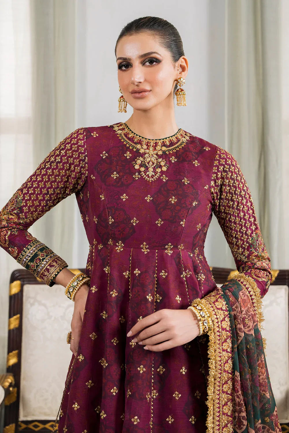 Baroque CH12-03 Maroon Frock,Lehnga Choli for Bridal Wear - Pakistani Designer Wear for Women in UK | Kifat