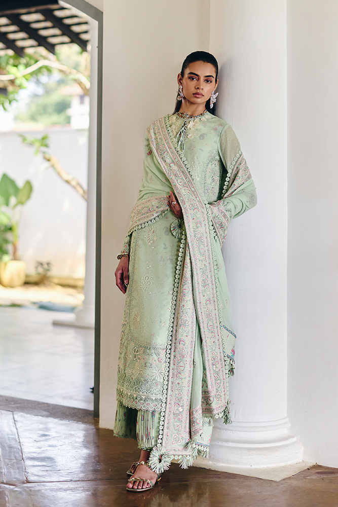 Model Wearing Suffuse by Sana Yasir NAIRE Mint Green A-line shirt with crushed pants for Casual Dress- Pakistani Designer wear for Women in UK | Kifat