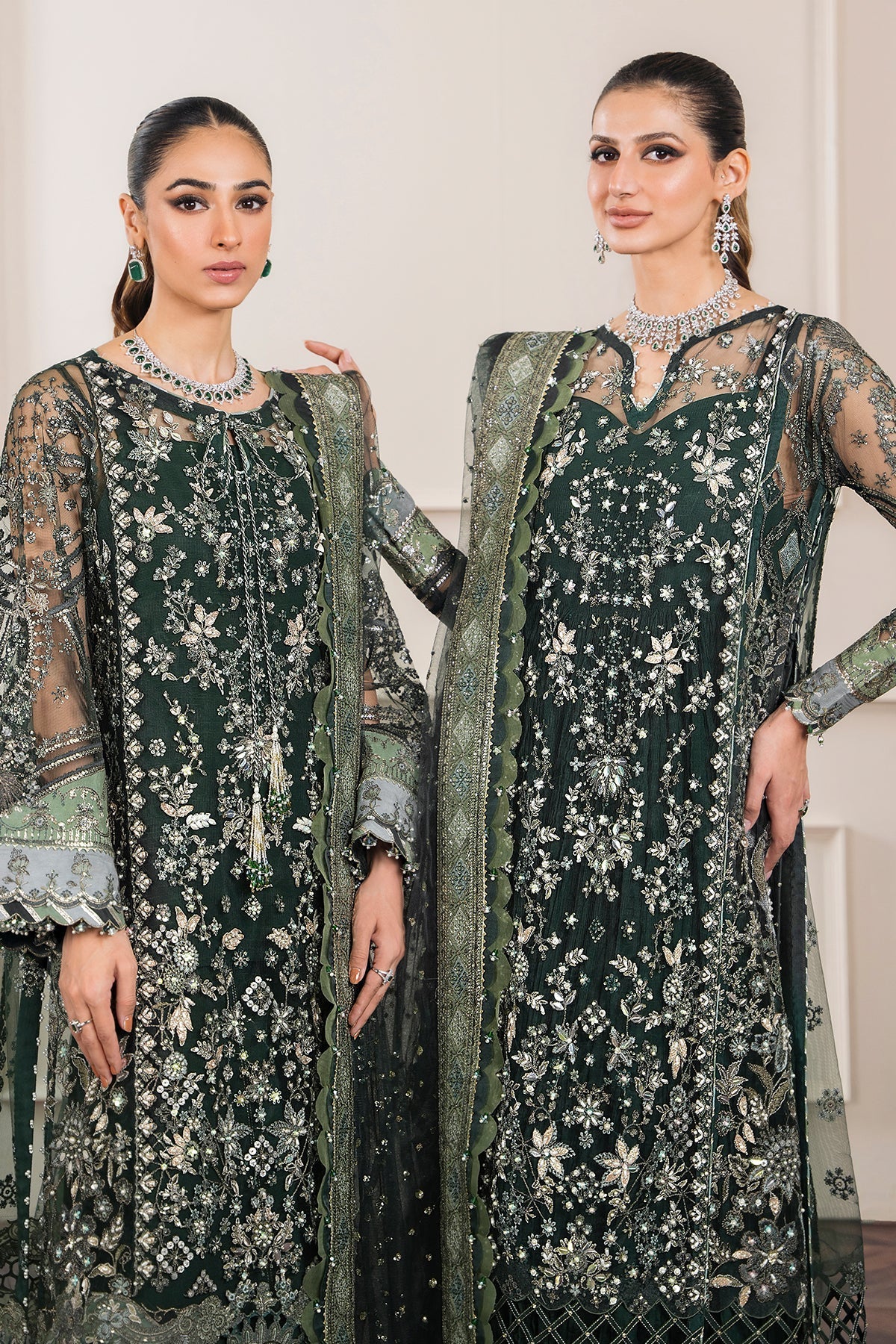 Baroque CH12-05 Green Long Shirt with Sharara,Slit Shirt with Crushed Sharara for Formal Events - Pakistani Designer Wear for Women in UK | Kifat