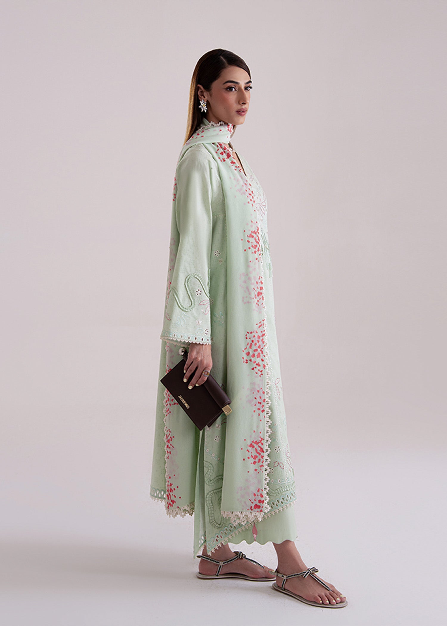 Model Wearing Suffuse by Sana Yasir NORE Mint Green Long shirt with culottes for Casual Dress- Pakistani Designer wear for Women in UK | Kifat