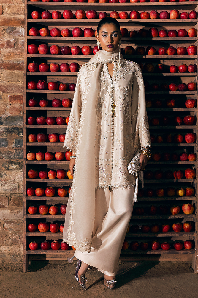 Model Wearing Suffuse by Sana Yasir RHEA Cosmin Fawn front-open shirt with shalwar for Formal Events- Pakistani Designer wear for Women in UK | Kifat