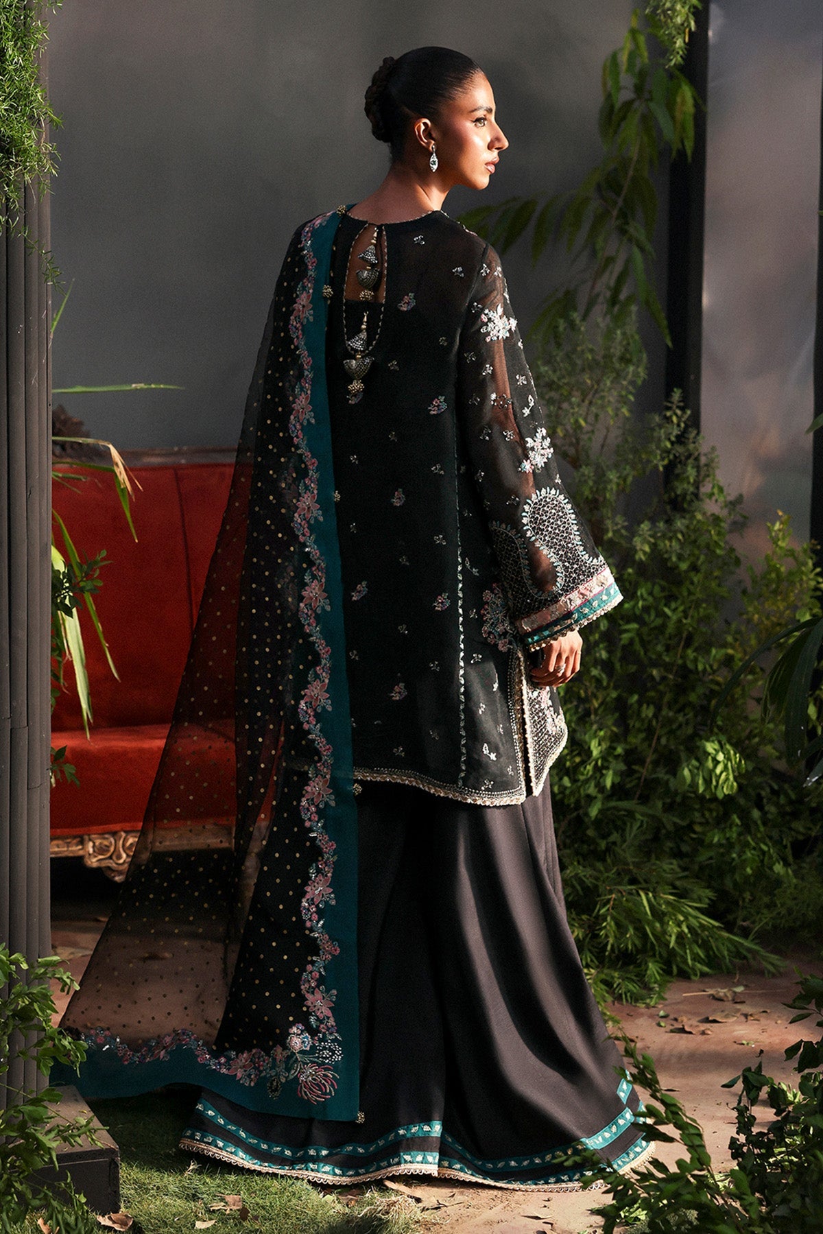 Women Wearing Larosea Black Shirt With Sharara  For Festive Events - Pakistani Designer Wear For Women In Uk | Kifat