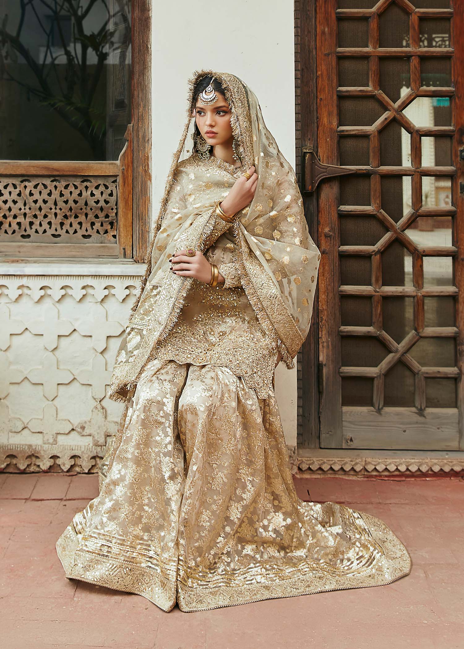 Kanwal Malik Gold Shirt with Gharara for Luxury Wedding wear - Pakistani Designer Wear for Women in UK | Kifat