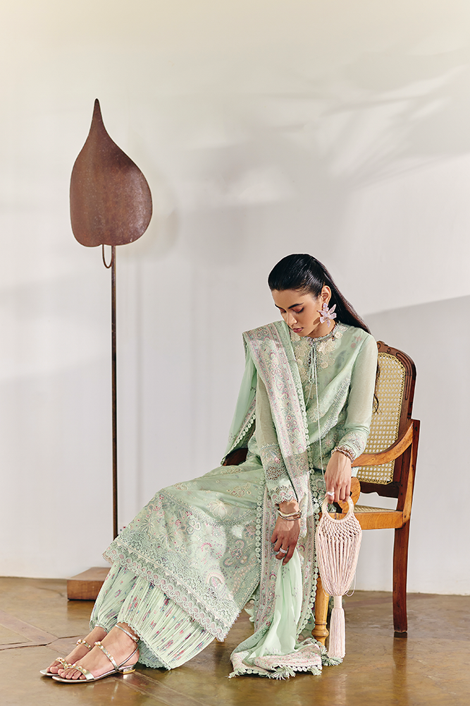 Model Wearing Suffuse by Sana Yasir NAIRE Mint Green A-line shirt with crushed pants for Casual Dress- Pakistani Designer wear for Women in UK | Kifat