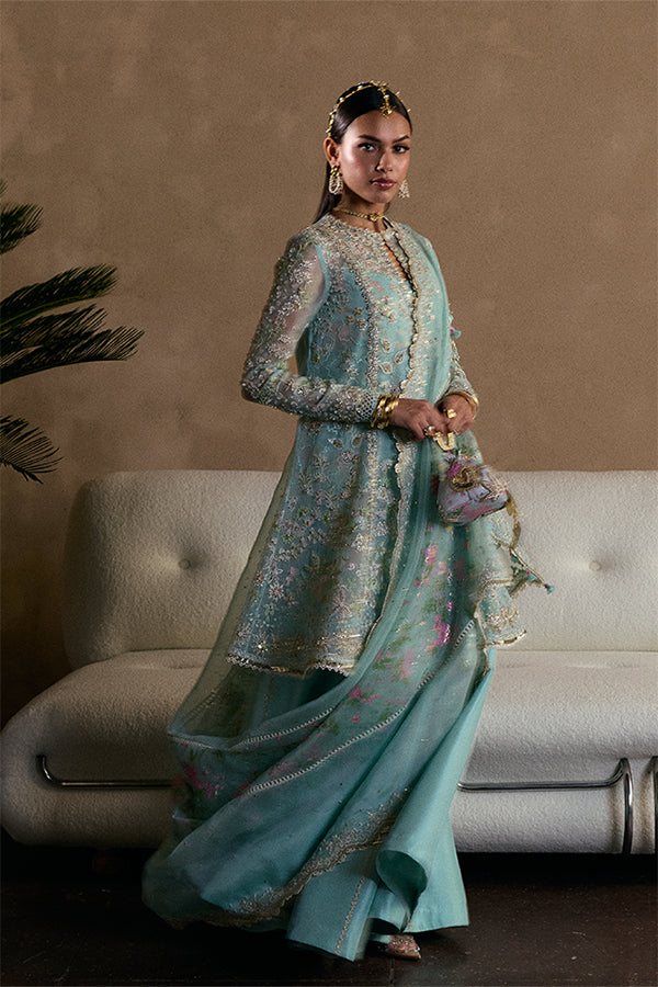 Model Wearing Suffuse by Sana Yasir Illyra Aquamarine Angrakha with Sharara Pants for Wedding Wear - Pakistani Designer wear for Women in UK | Kifat