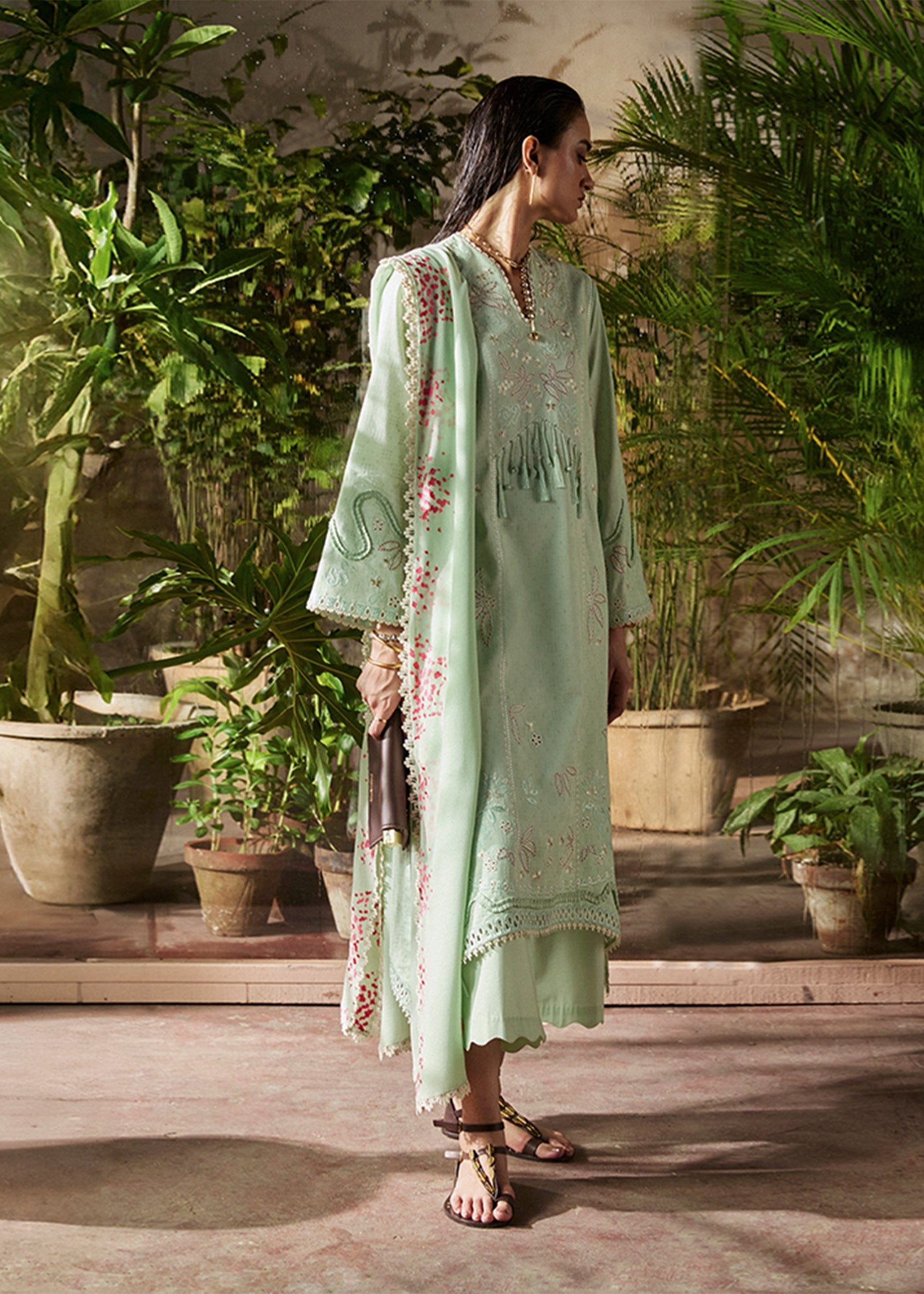 Model Wearing Suffuse by Sana Yasir NORE Mint Green Long shirt with culottes for Casual Dress- Pakistani Designer wear for Women in UK | Kifat