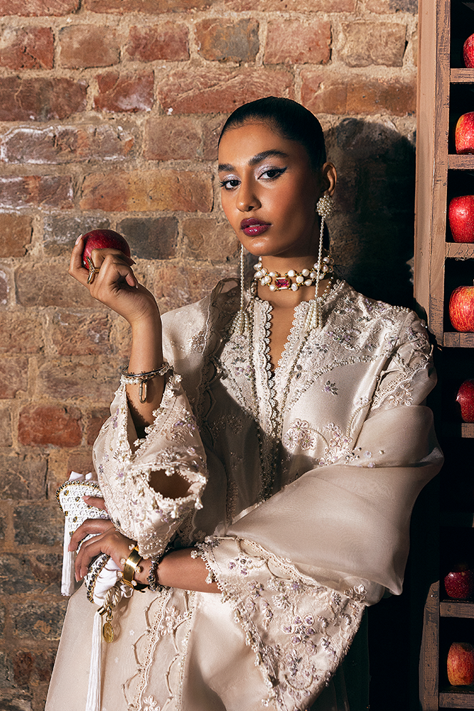 Model Wearing Suffuse by Sana Yasir RHEA Cosmin Fawn front-open shirt with shalwar for Formal Events- Pakistani Designer wear for Women in UK | Kifat