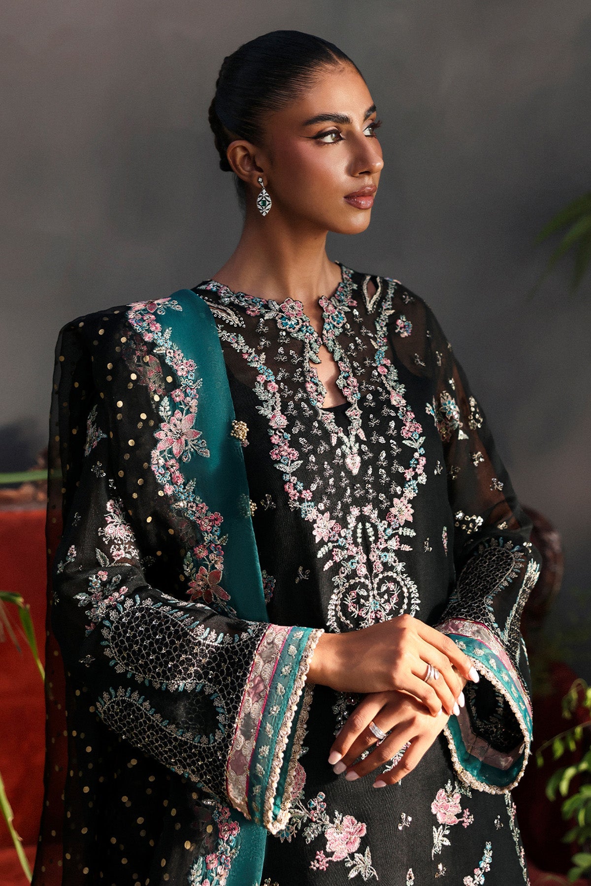 Women Wearing Larosea Black Shirt With Sharara  For Festive Events - Pakistani Designer Wear For Women In Uk | Kifat