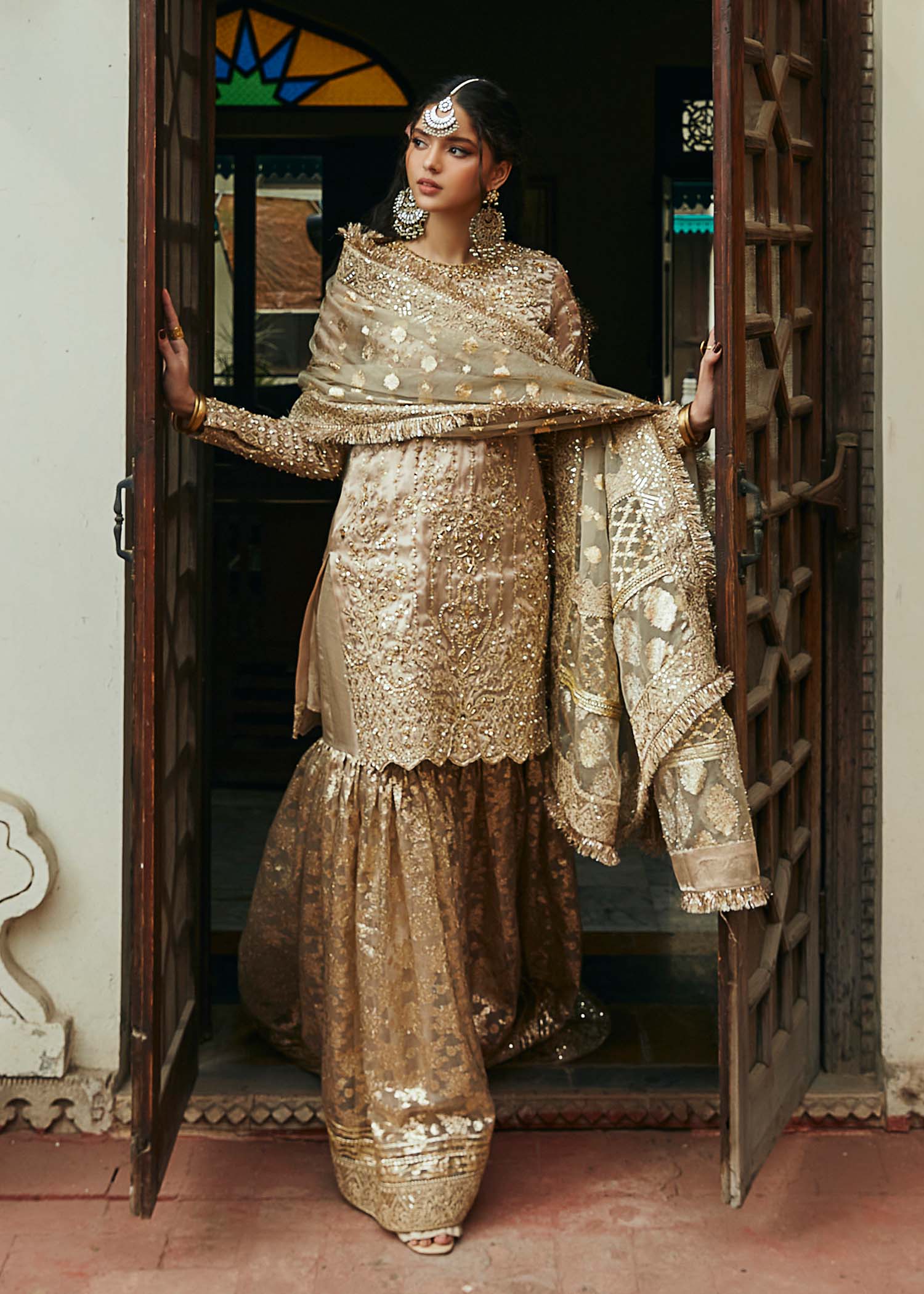 Kanwal Malik Gold Shirt with Gharara for Luxury Wedding wear - Pakistani Designer Wear for Women in UK | Kifat