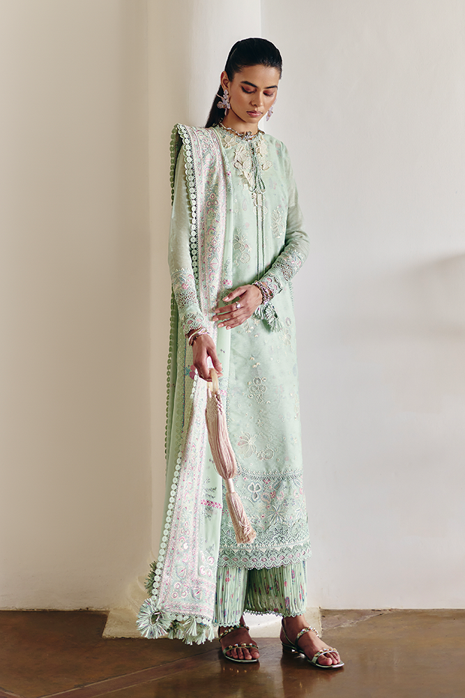 Model Wearing Suffuse by Sana Yasir NAIRE Mint Green A-line shirt with crushed pants for Casual Dress- Pakistani Designer wear for Women in UK | Kifat