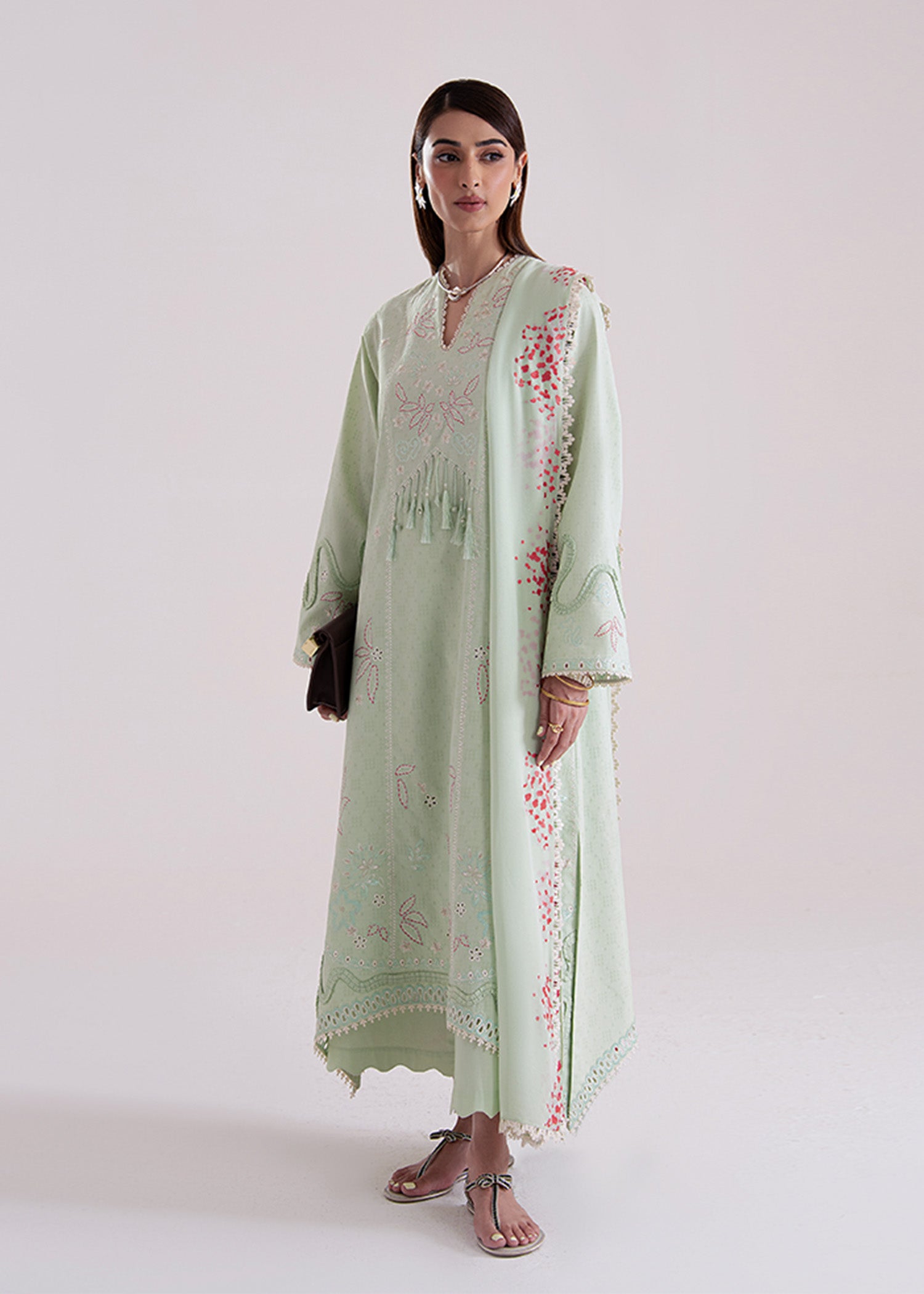 Model Wearing Suffuse by Sana Yasir NORE Mint Green Long shirt with culottes for Casual Dress- Pakistani Designer wear for Women in UK | Kifat