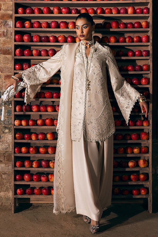 Model Wearing Suffuse by Sana Yasir RHEA Cosmin Fawn front-open shirt with shalwar for Formal Events- Pakistani Designer wear for Women in UK | Kifat