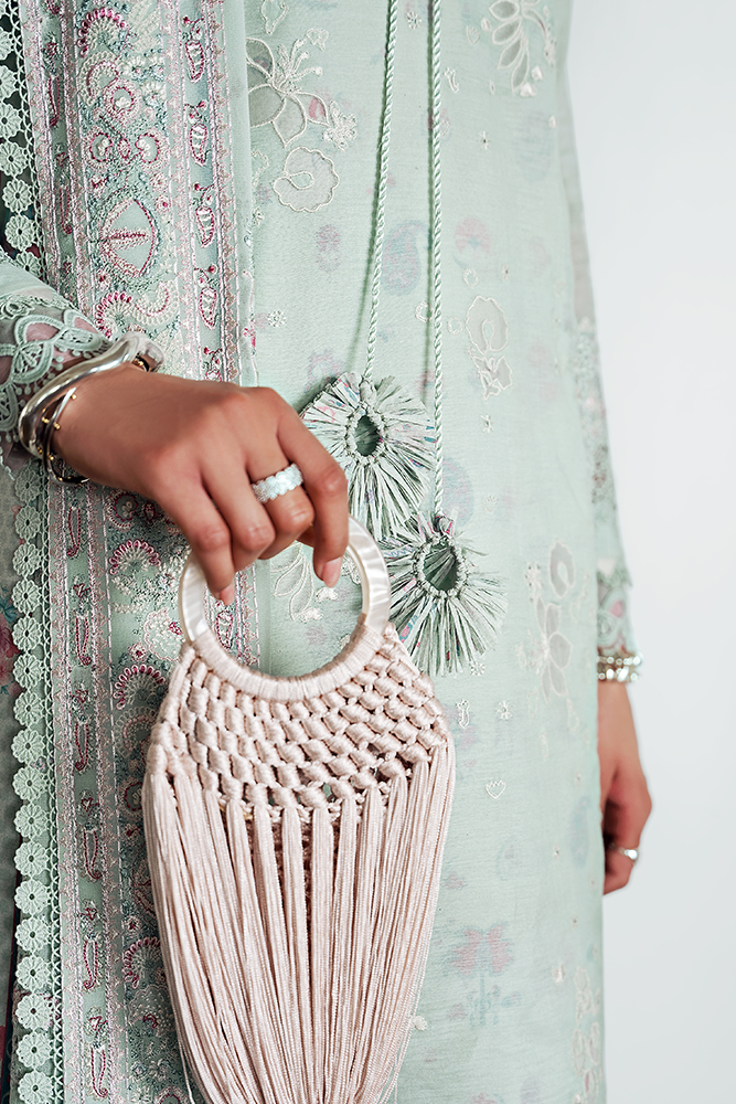 Model Wearing Suffuse by Sana Yasir NAIRE Mint Green A-line shirt with crushed pants for Casual Dress- Pakistani Designer wear for Women in UK | Kifat
