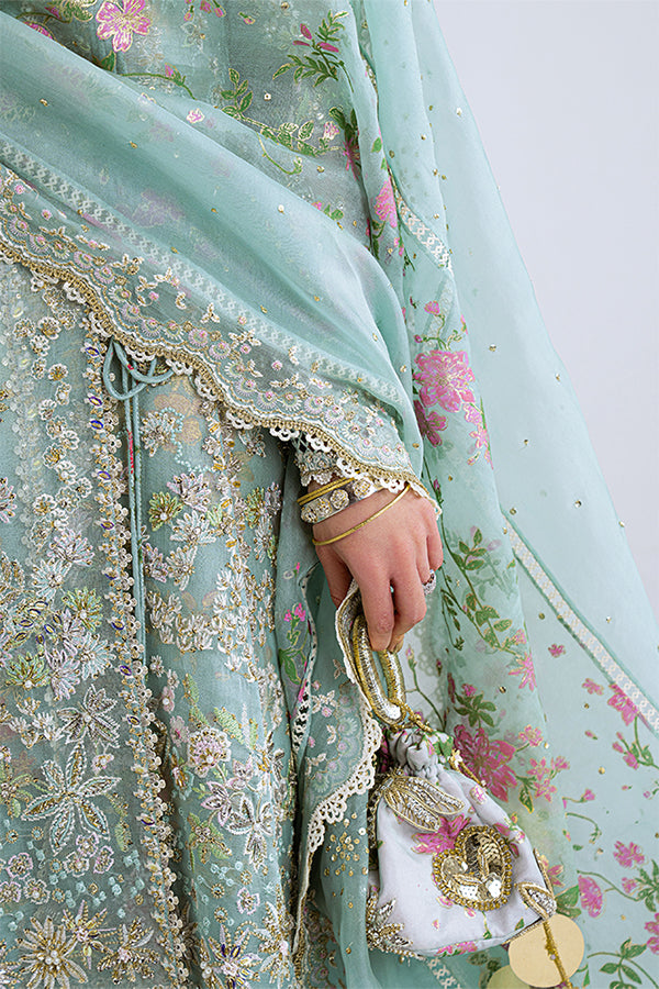 Model Wearing Suffuse by Sana Yasir Illyra Aquamarine Angrakha with Sharara Pants for Wedding Wear - Pakistani Designer wear for Women in UK | Kifat