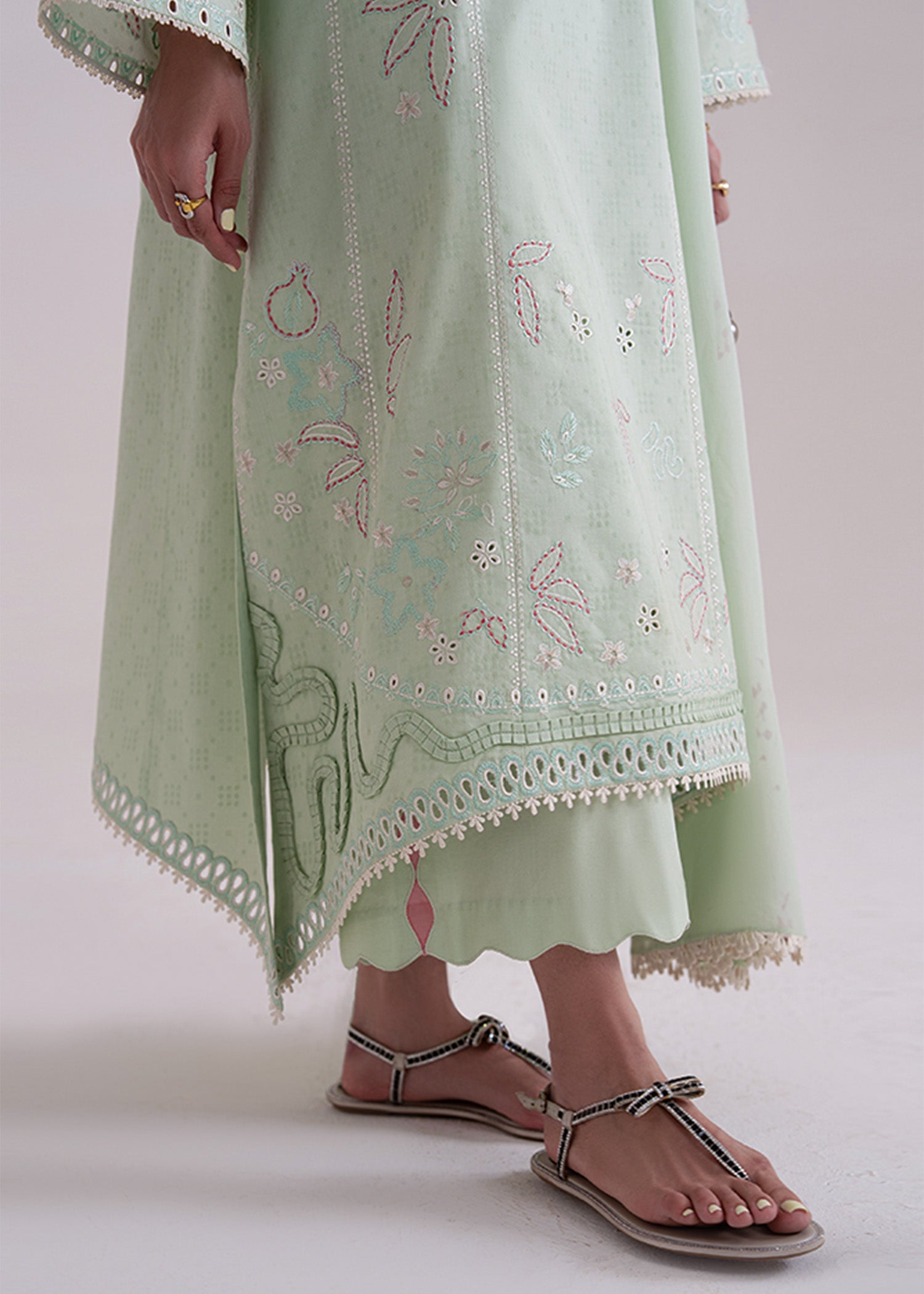 Model Wearing Suffuse by Sana Yasir NORE Mint Green Long shirt with culottes for Casual Dress- Pakistani Designer wear for Women in UK | Kifat
