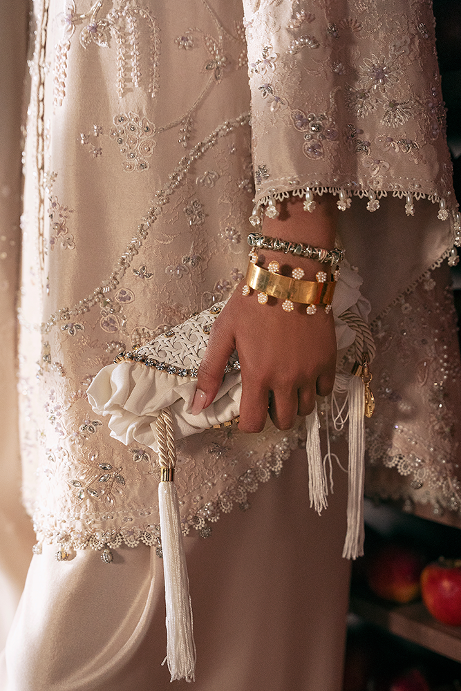 Model Wearing Suffuse by Sana Yasir RHEA Cosmin Fawn front-open shirt with shalwar for Formal Events- Pakistani Designer wear for Women in UK | Kifat