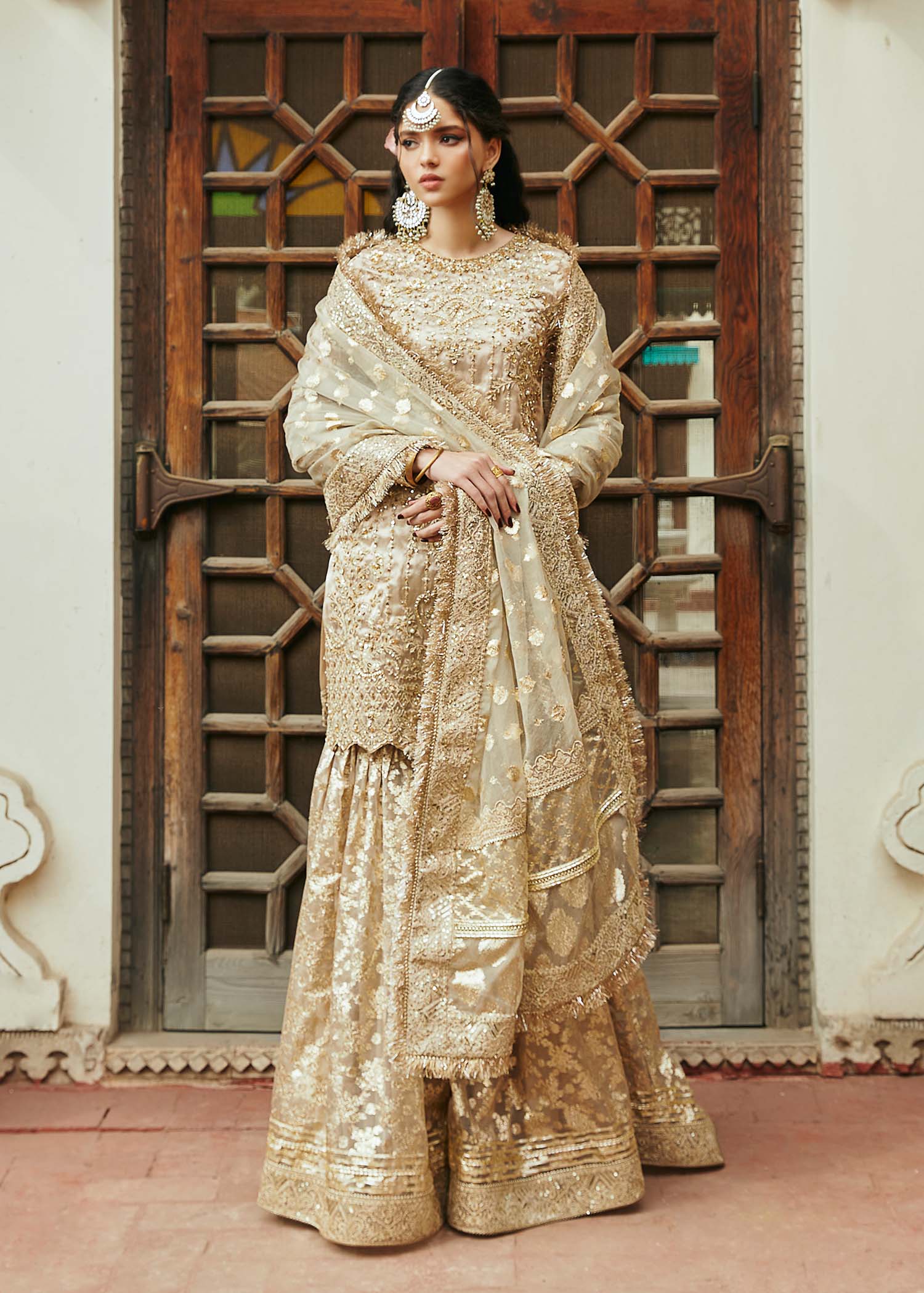 Kanwal Malik Gold Shirt with Gharara for Luxury Wedding wear - Pakistani Designer Wear for Women in UK | Kifat