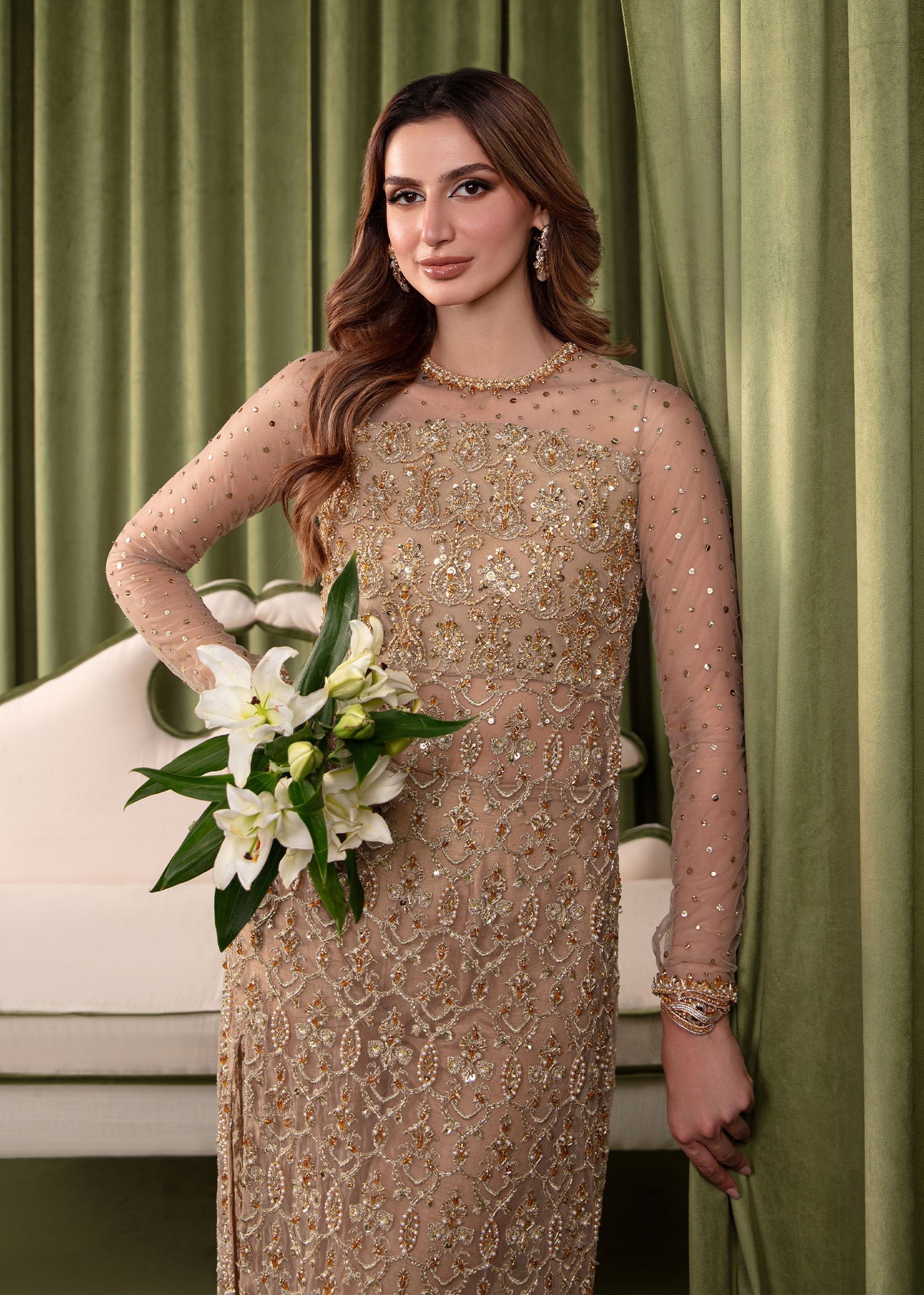 Kanwal Malik Nude Long Shirt with Pants for Luxury Wedding wear - Pakistani Designer Wear for Women in UK | Kifat