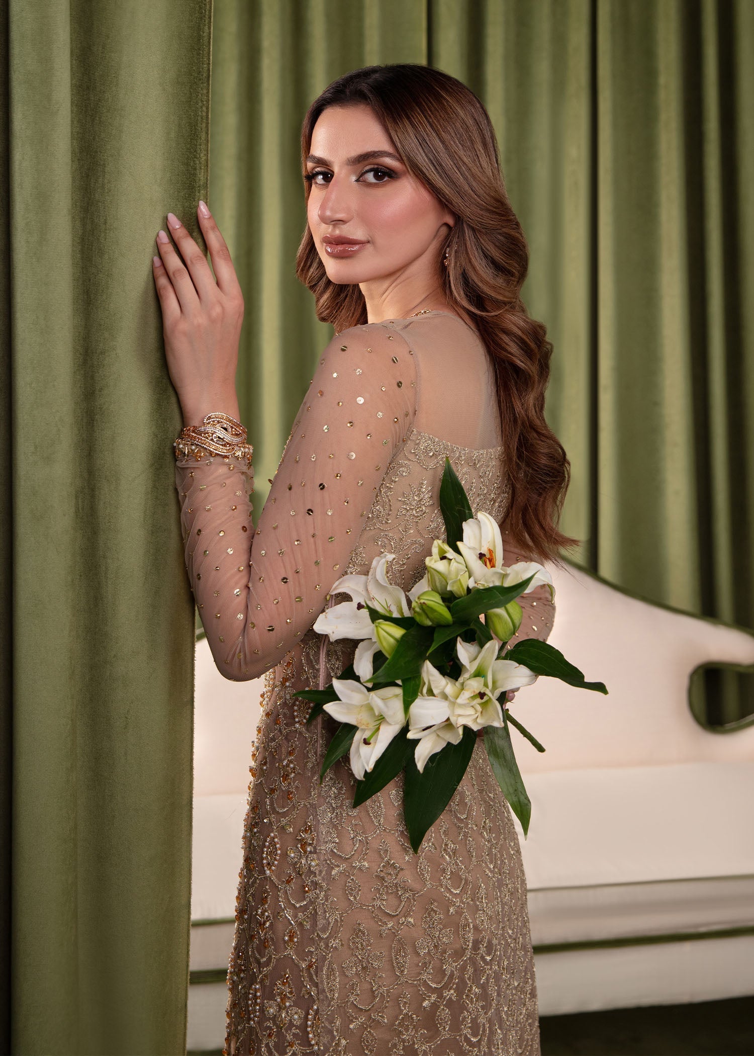 Kanwal Malik Nude Long Shirt with Pants for Luxury Wedding wear - Pakistani Designer Wear for Women in UK | Kifat