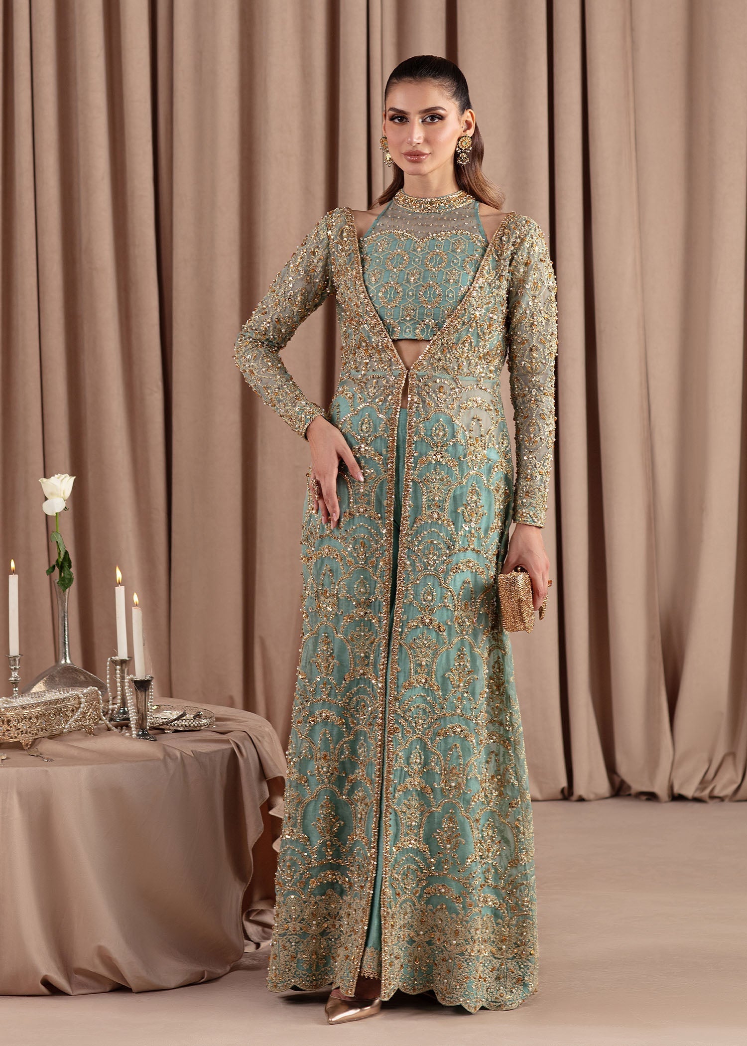 Kanwal Malik Sky Blue front-open gown with flared pants for Luxury Wedding wear - Pakistani Designer Wear for Women in UK | Kifat