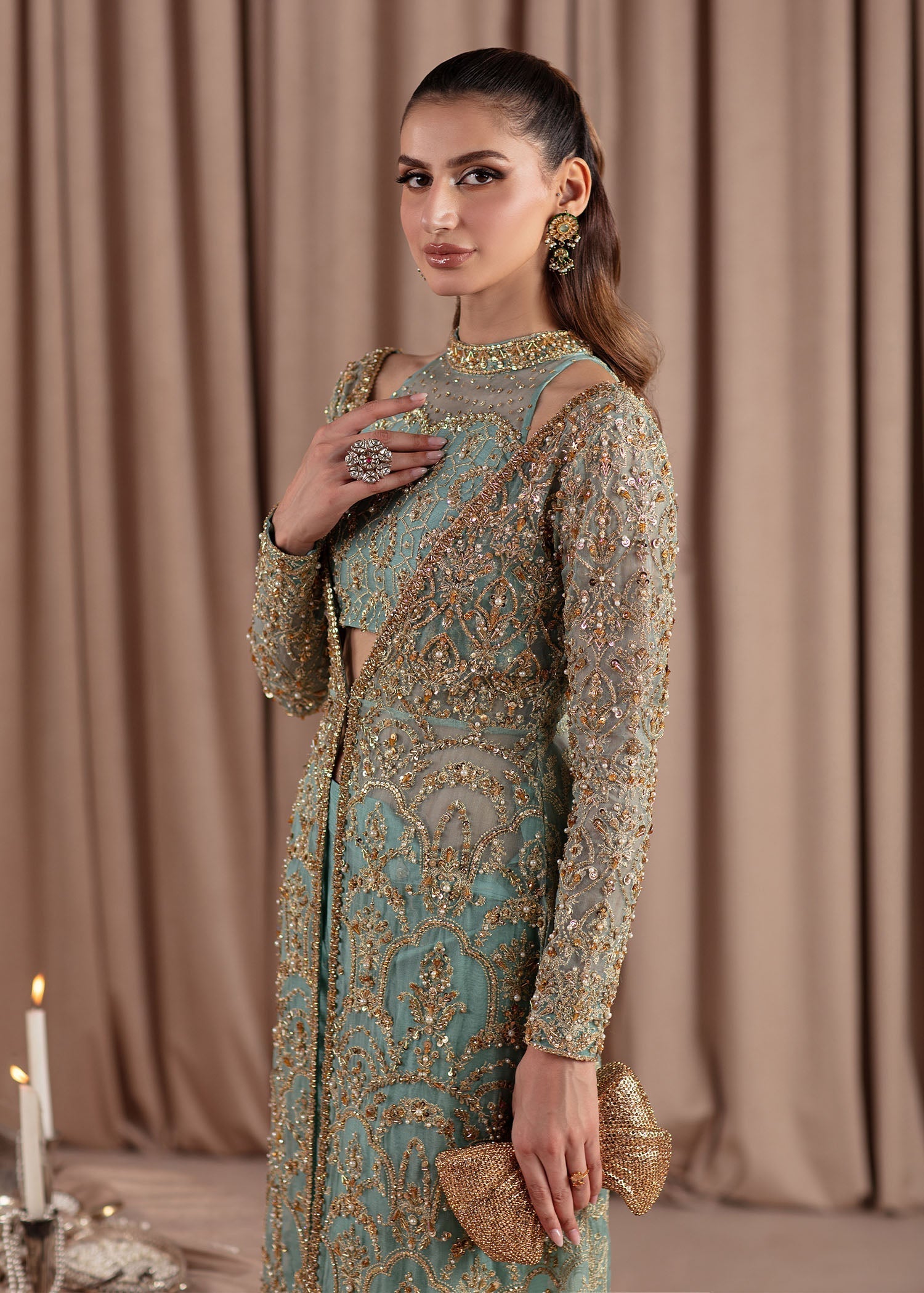 Kanwal Malik Sky Blue front-open gown with flared pants for Luxury Wedding wear - Pakistani Designer Wear for Women in UK | Kifat