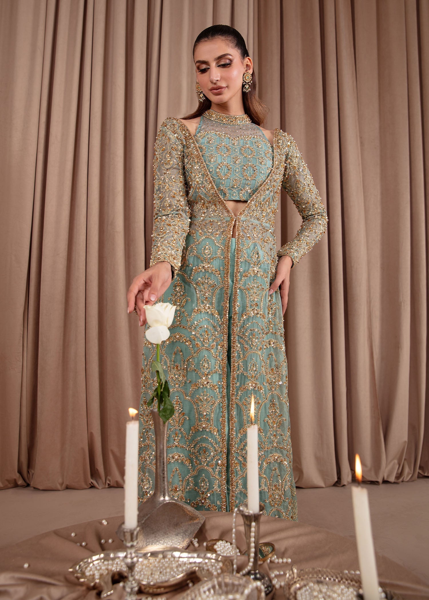 Kanwal Malik Sky Blue front-open gown with flared pants for Luxury Wedding wear - Pakistani Designer Wear for Women in UK | Kifat