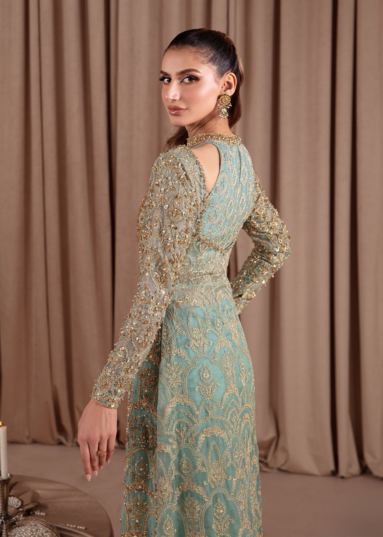 Kanwal Malik Sky Blue front-open gown with flared pants for Luxury Wedding wear - Pakistani Designer Wear for Women in UK | Kifat