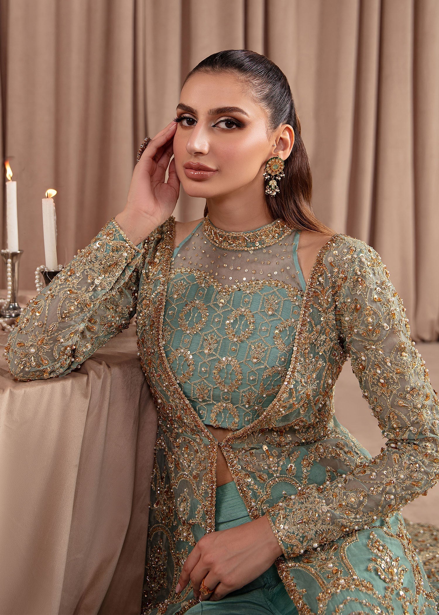 Kanwal Malik Sky Blue front-open gown with flared pants for Luxury Wedding wear - Pakistani Designer Wear for Women in UK | Kifat
