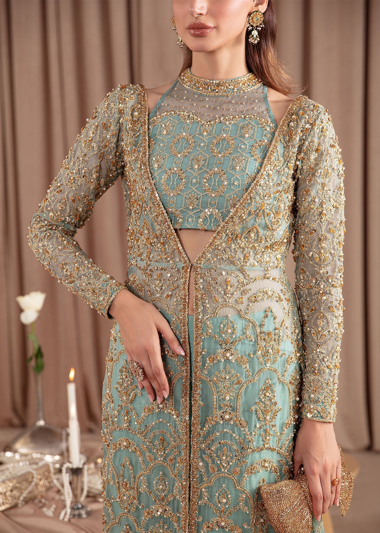 Kanwal Malik Sky Blue front-open gown with flared pants for Luxury Wedding wear - Pakistani Designer Wear for Women in UK | Kifat